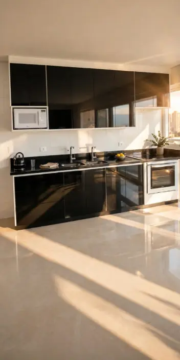 Cozinha preta planejada de alto brilho
